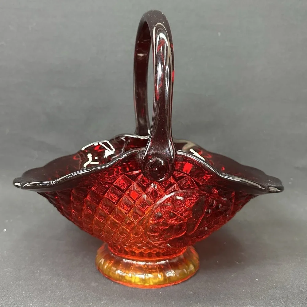 Indiana Glass Canterbury Sunset Amberina Basket, Vintage Mid‎ 20th Century